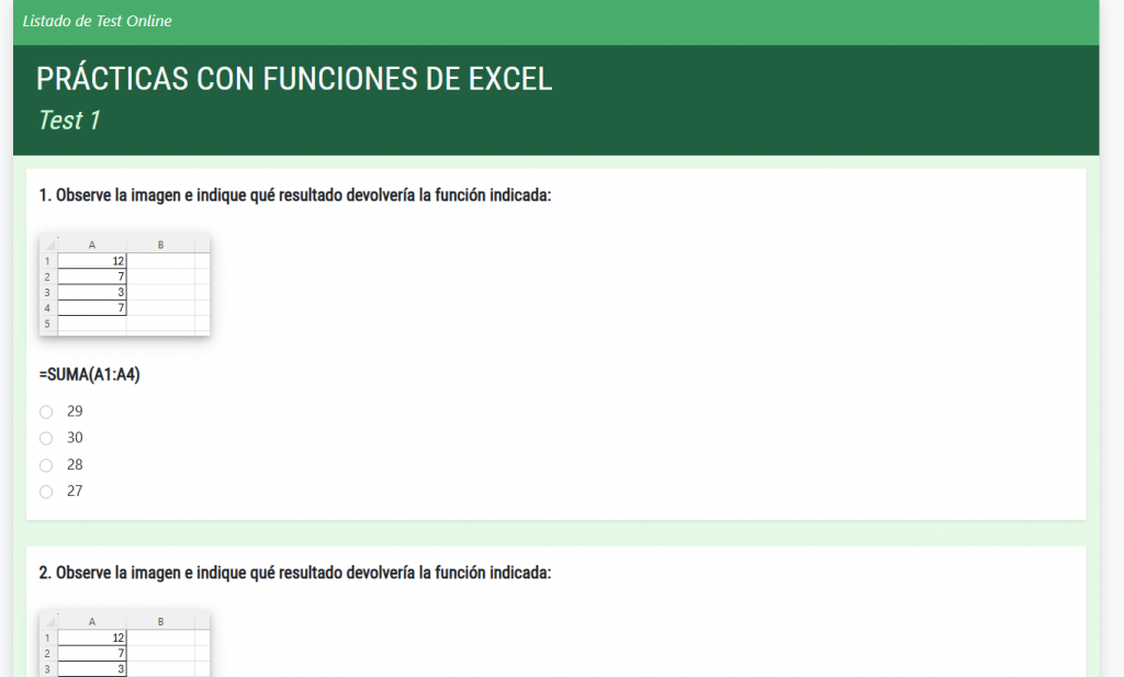 Ejemplo preguntas test de práctica con funciones Excel