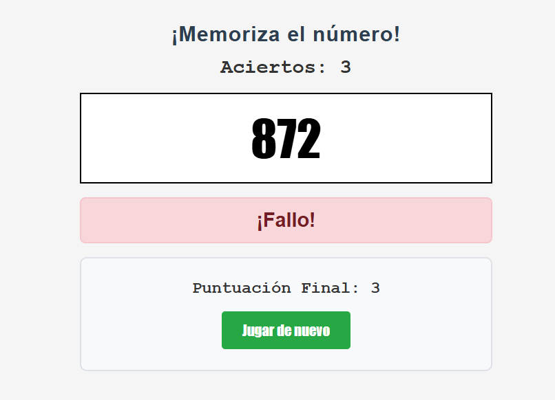 Pantalla del juego Memoriza el Número
