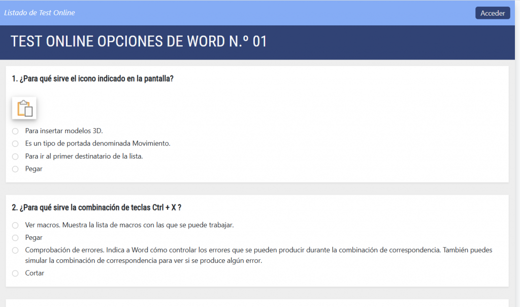 Captura de ejemplo de test de opciones de Word